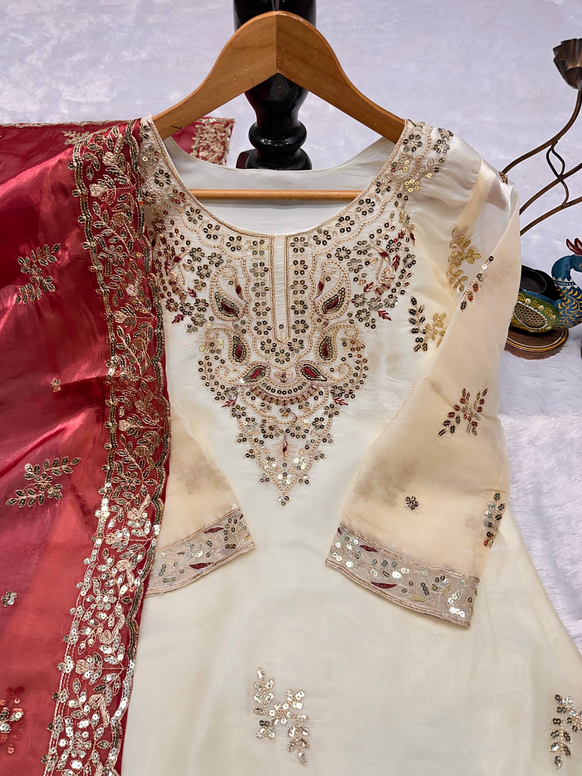 Bespoke Ivory & Teal Jewel-Tone Ensemble