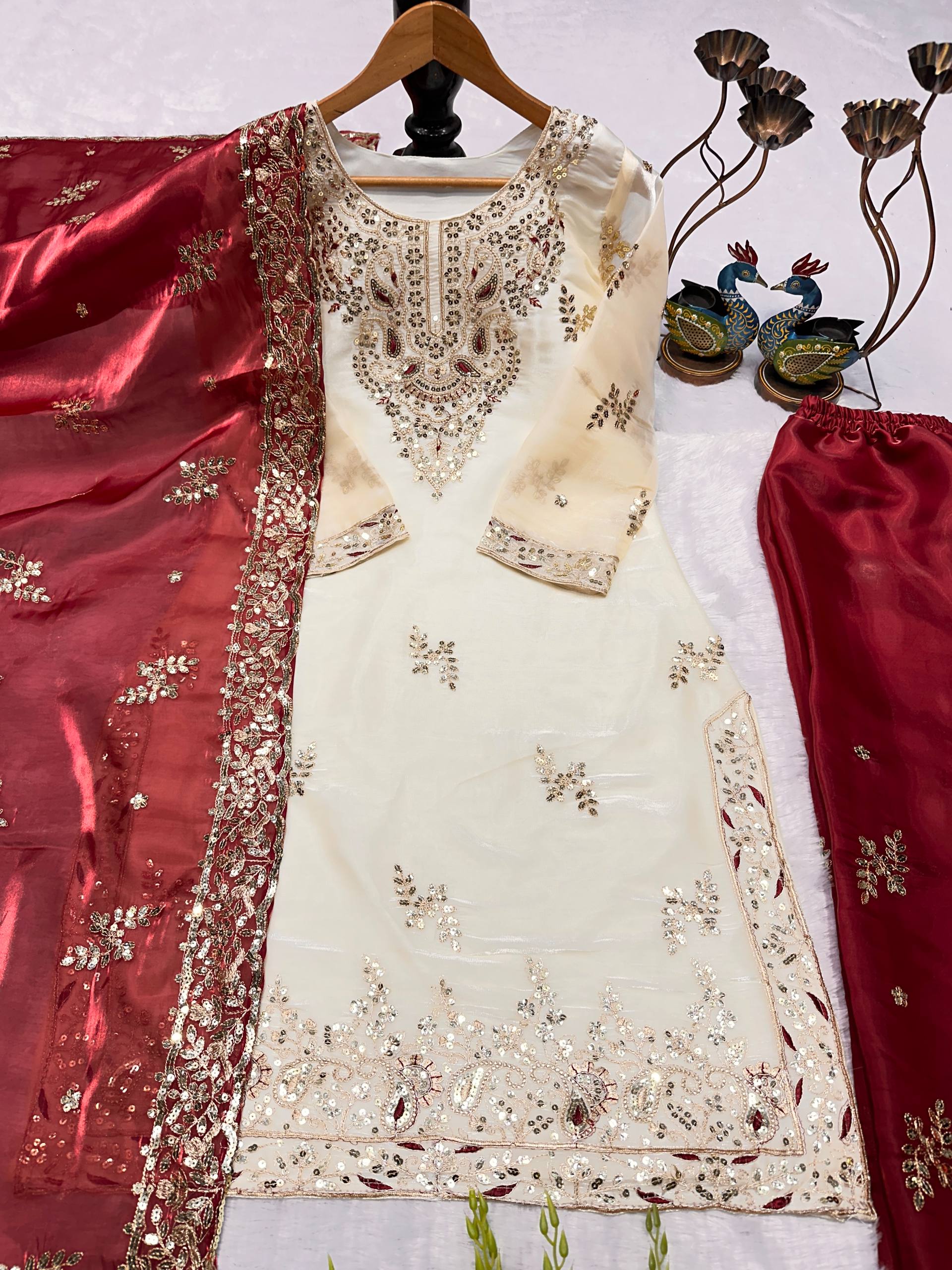 Bespoke Ivory & Teal Jewel-Tone Ensemble