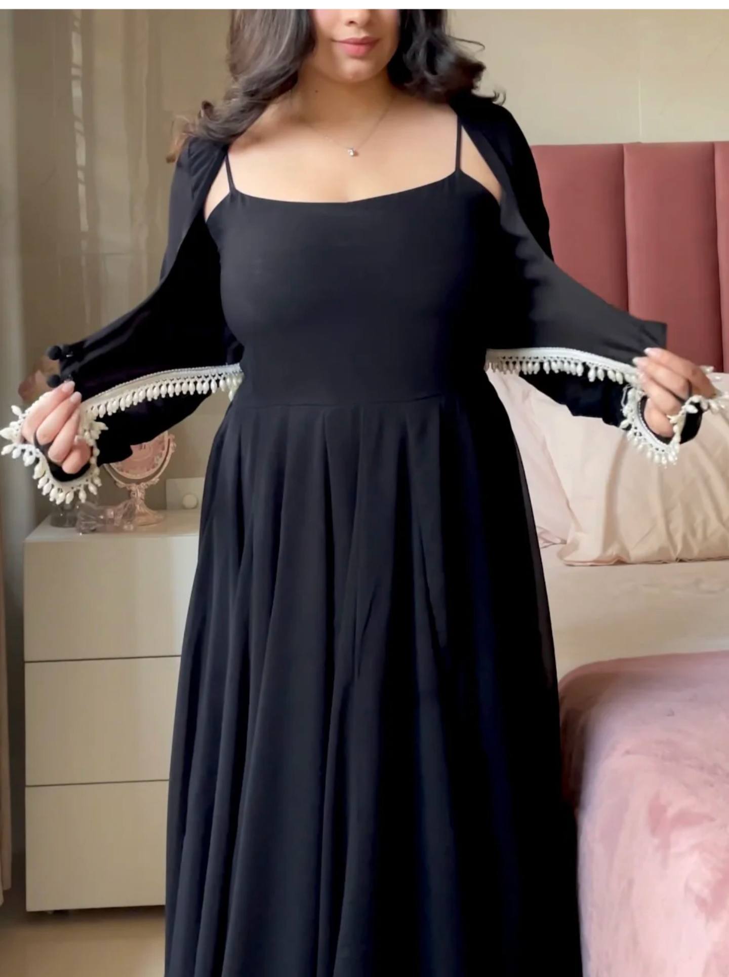 Luxe Pastel Pink Sheer-Sleeve Ensemble