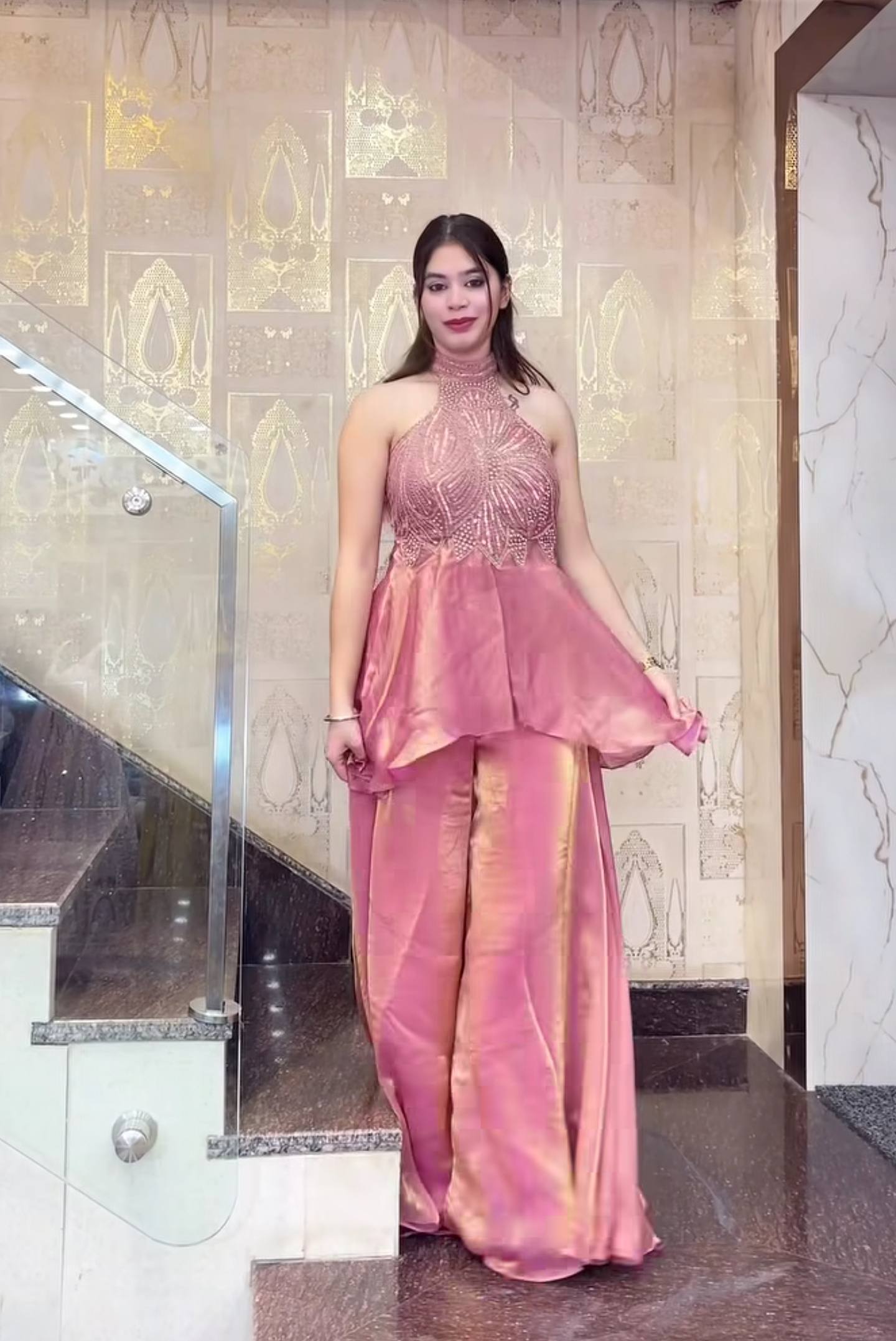 Opulent Jade Pearl-Embellished Palazzo Suit