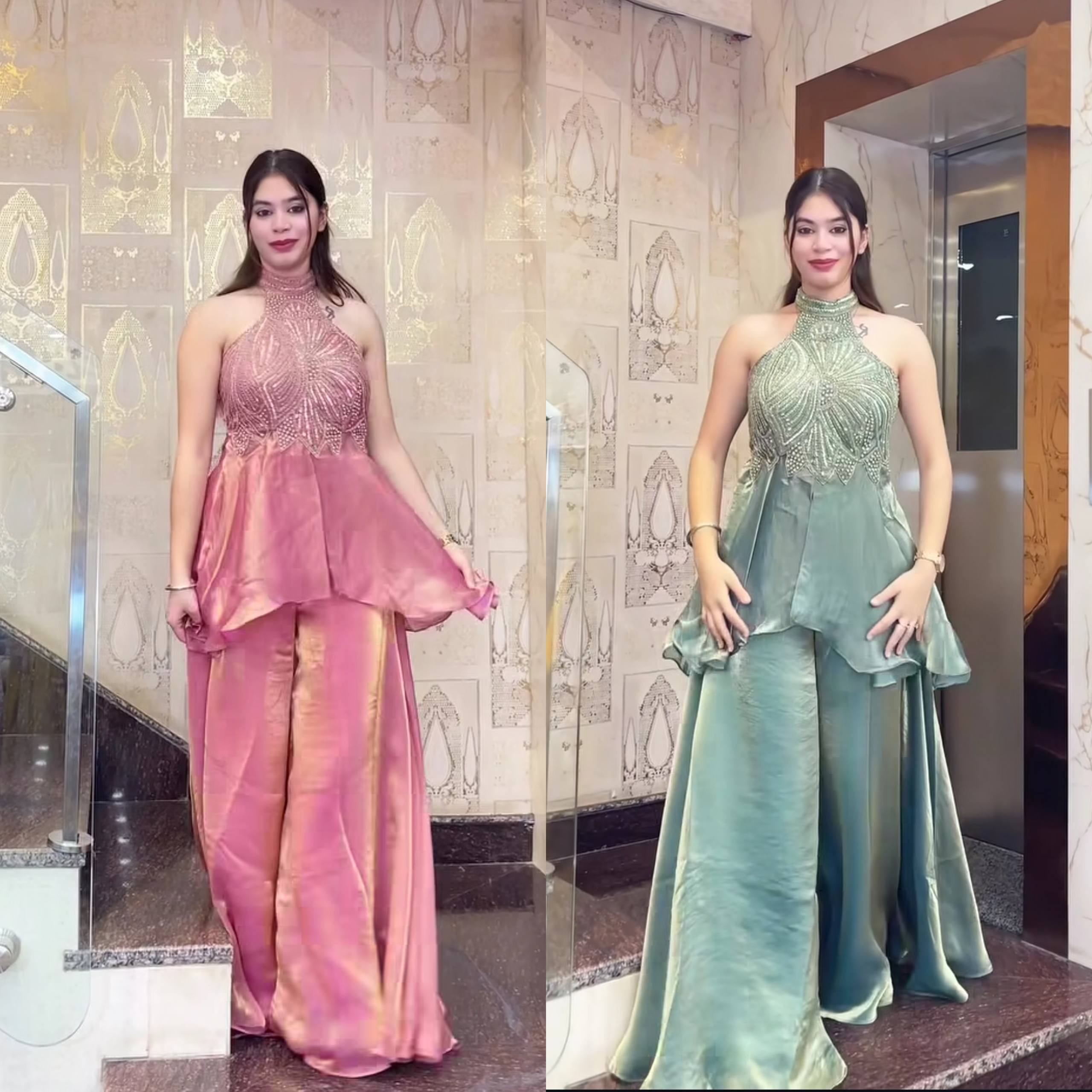 Opulent Jade Pearl-Embellished Palazzo Suit