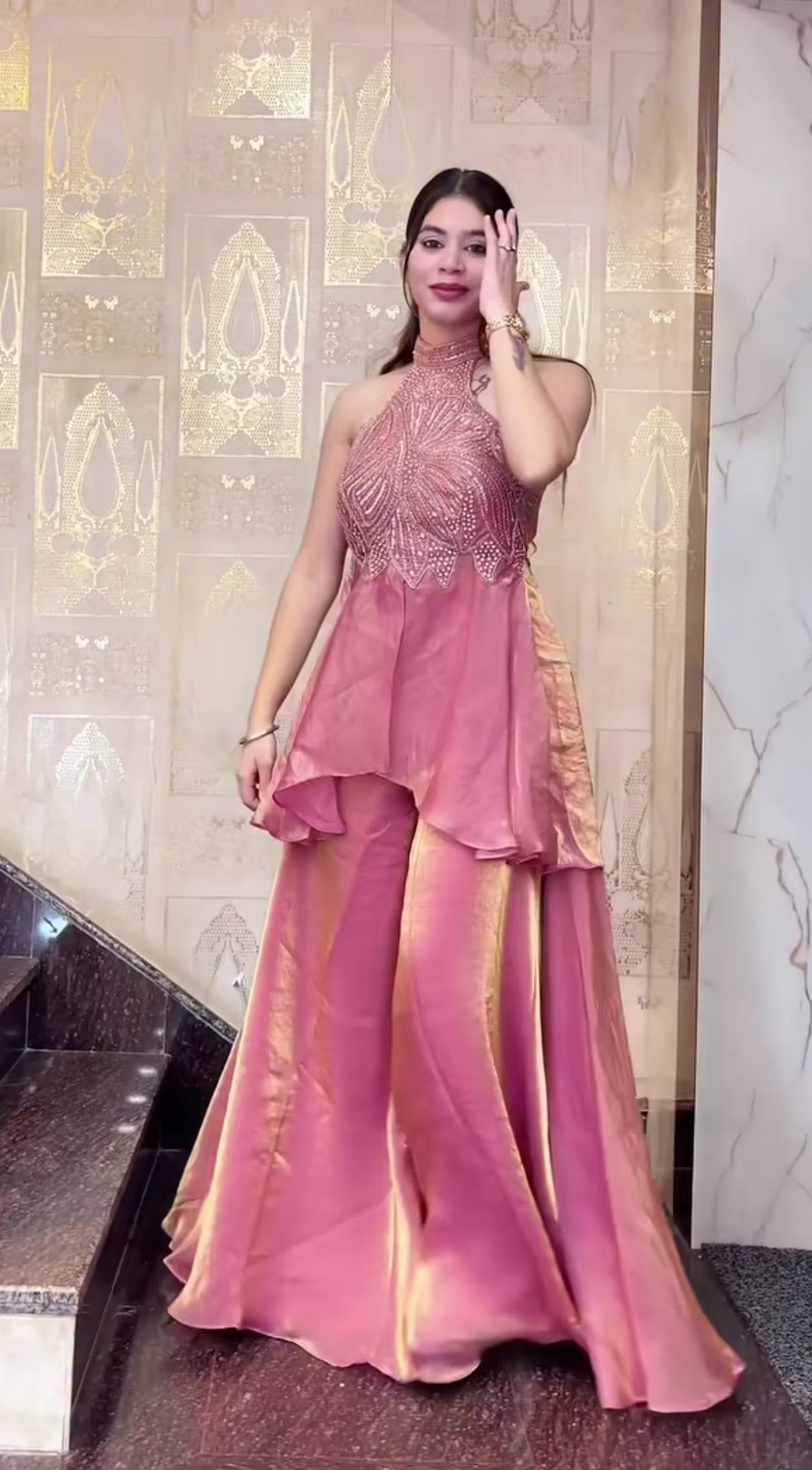 Opulent Jade Pearl-Embellished Palazzo Suit