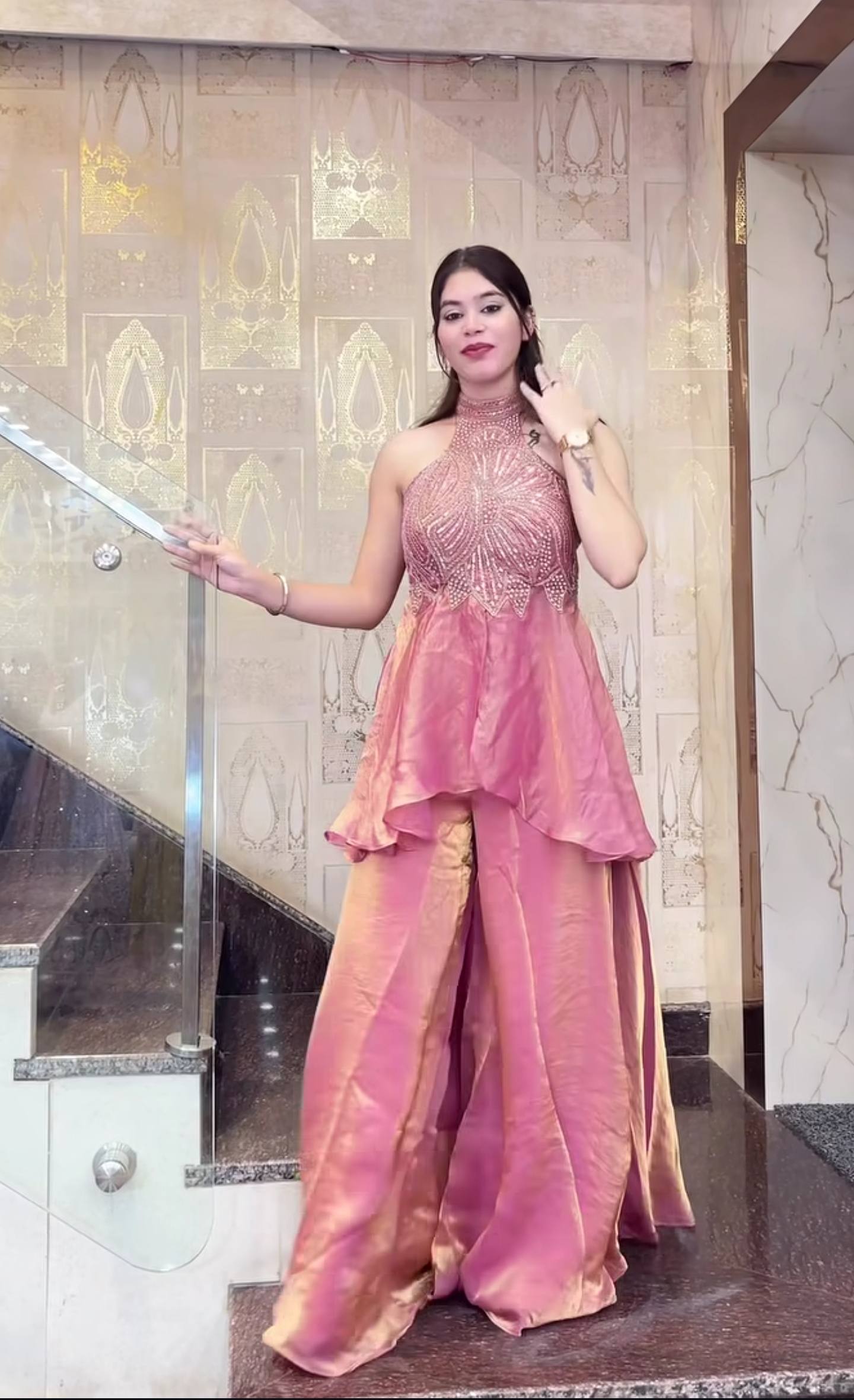 Opulent Jade Pearl-Embellished Palazzo Suit