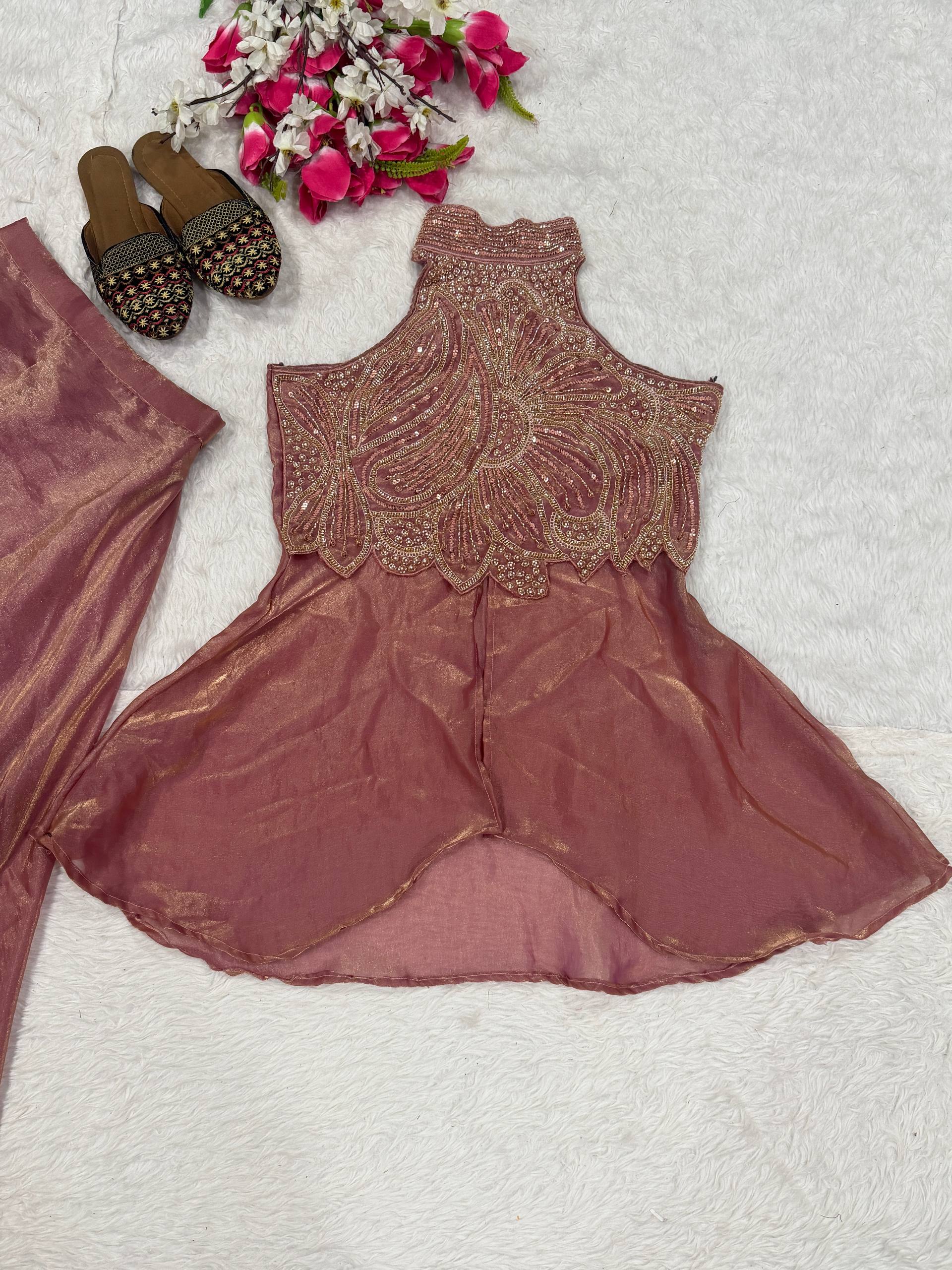 Opulent Jade Pearl-Embellished Palazzo Suit