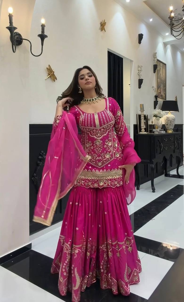 Ultra-Premium Fuchsia Pink Couture Sharara Set | Luxury Festive Wear
