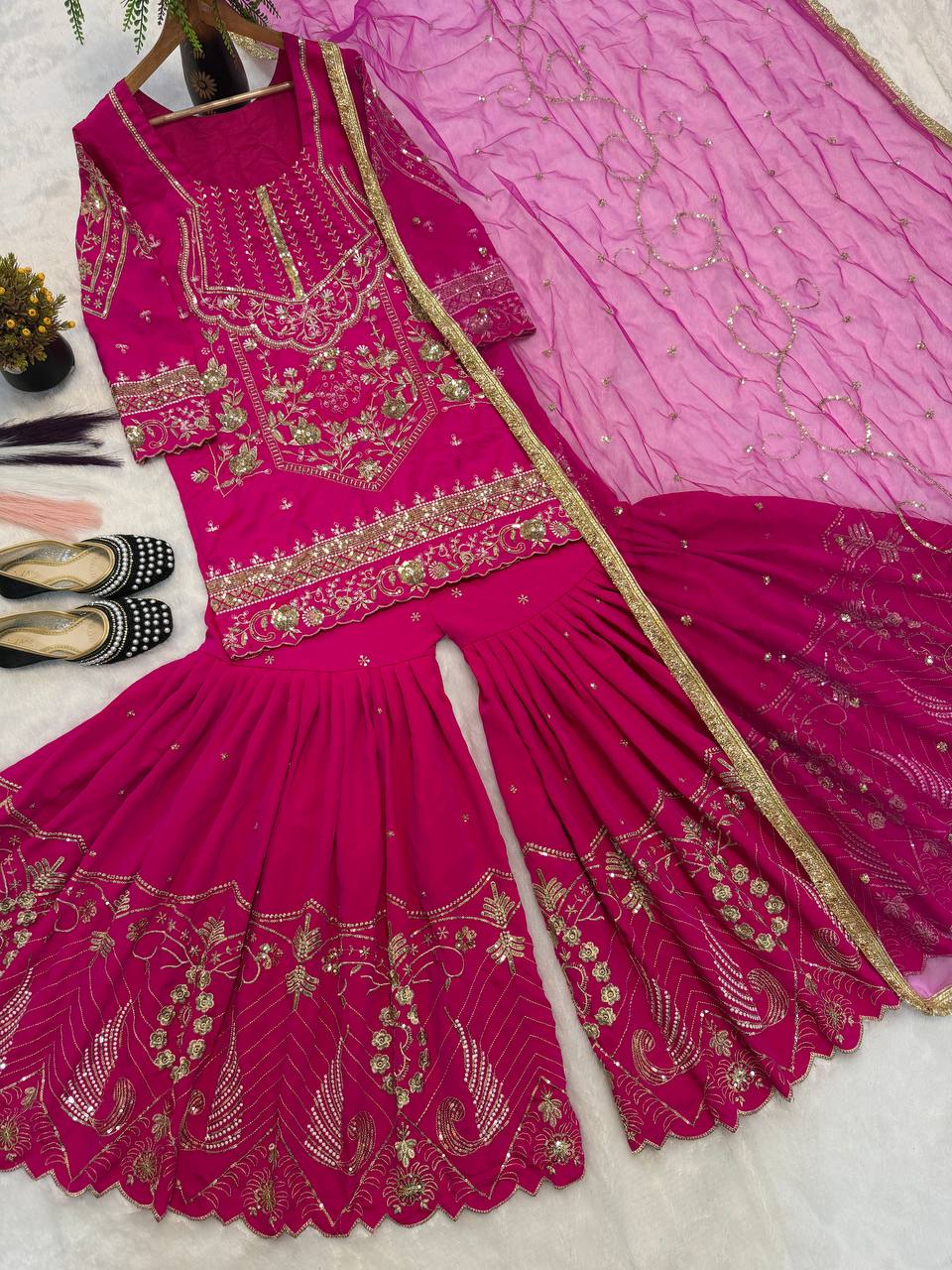 Ultra-Premium Fuchsia Pink Couture Sharara Set | Luxury Festive Wear