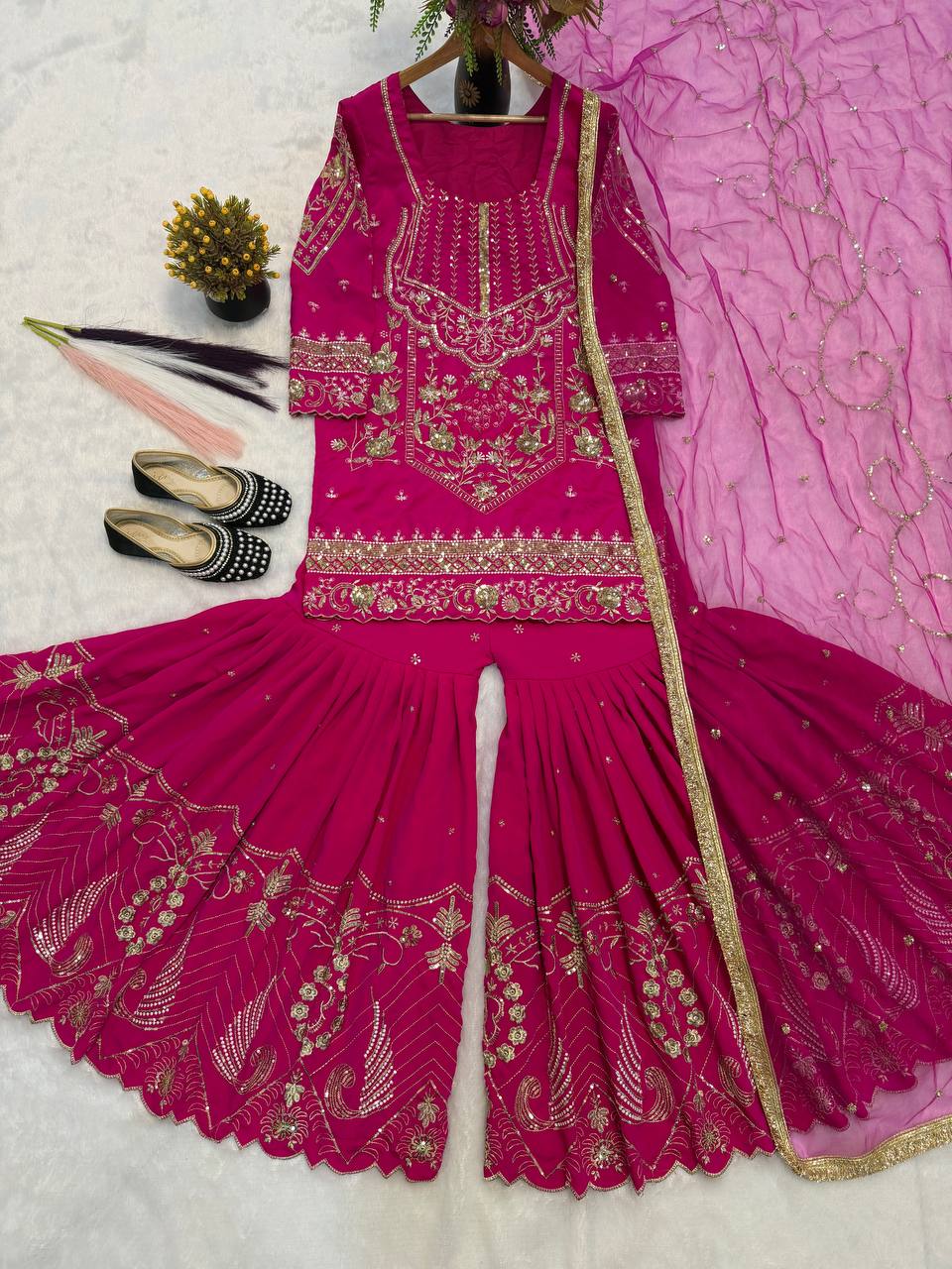 Ultra-Premium Fuchsia Pink Couture Sharara Set | Luxury Festive Wear