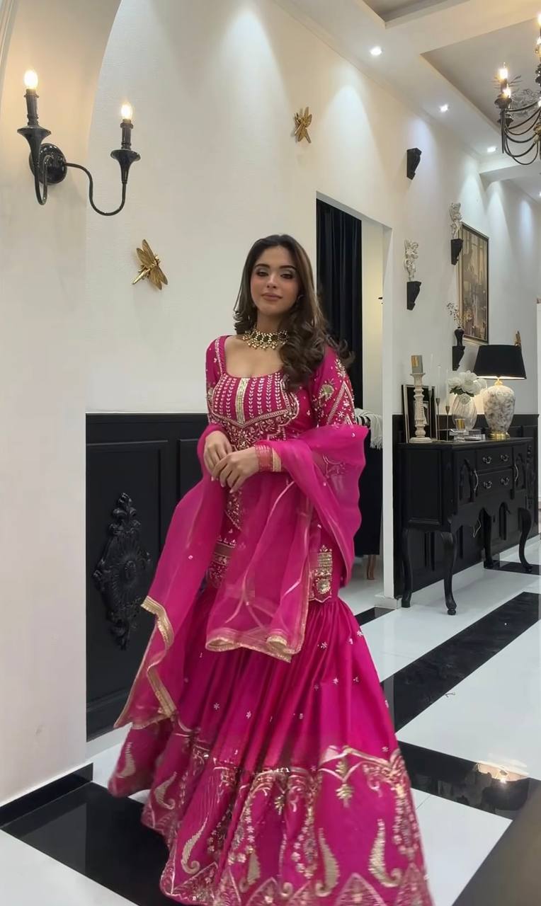 Ultra-Premium Fuchsia Pink Couture Sharara Set | Luxury Festive Wear