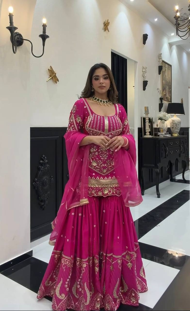 Ultra-Premium Fuchsia Pink Couture Sharara Set | Luxury Festive Wear