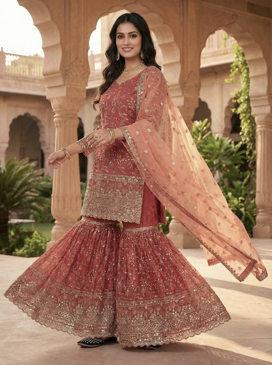 Ultra-Premium Terracotta Rani Couture Sharara Set | Luxury Festive Wear