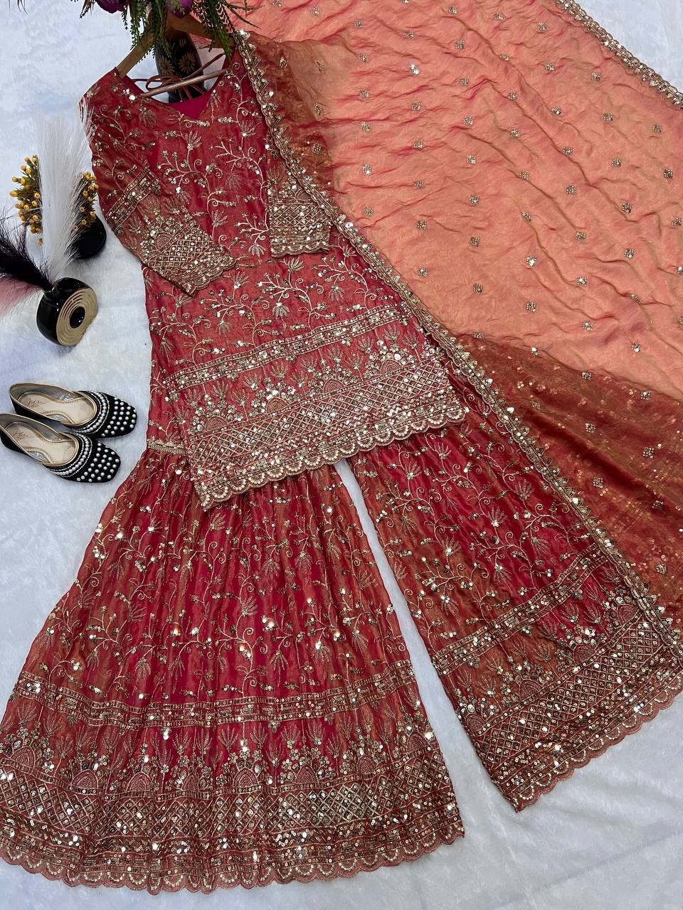 Ultra-Premium Terracotta Rani Couture Sharara Set | Luxury Festive Wear