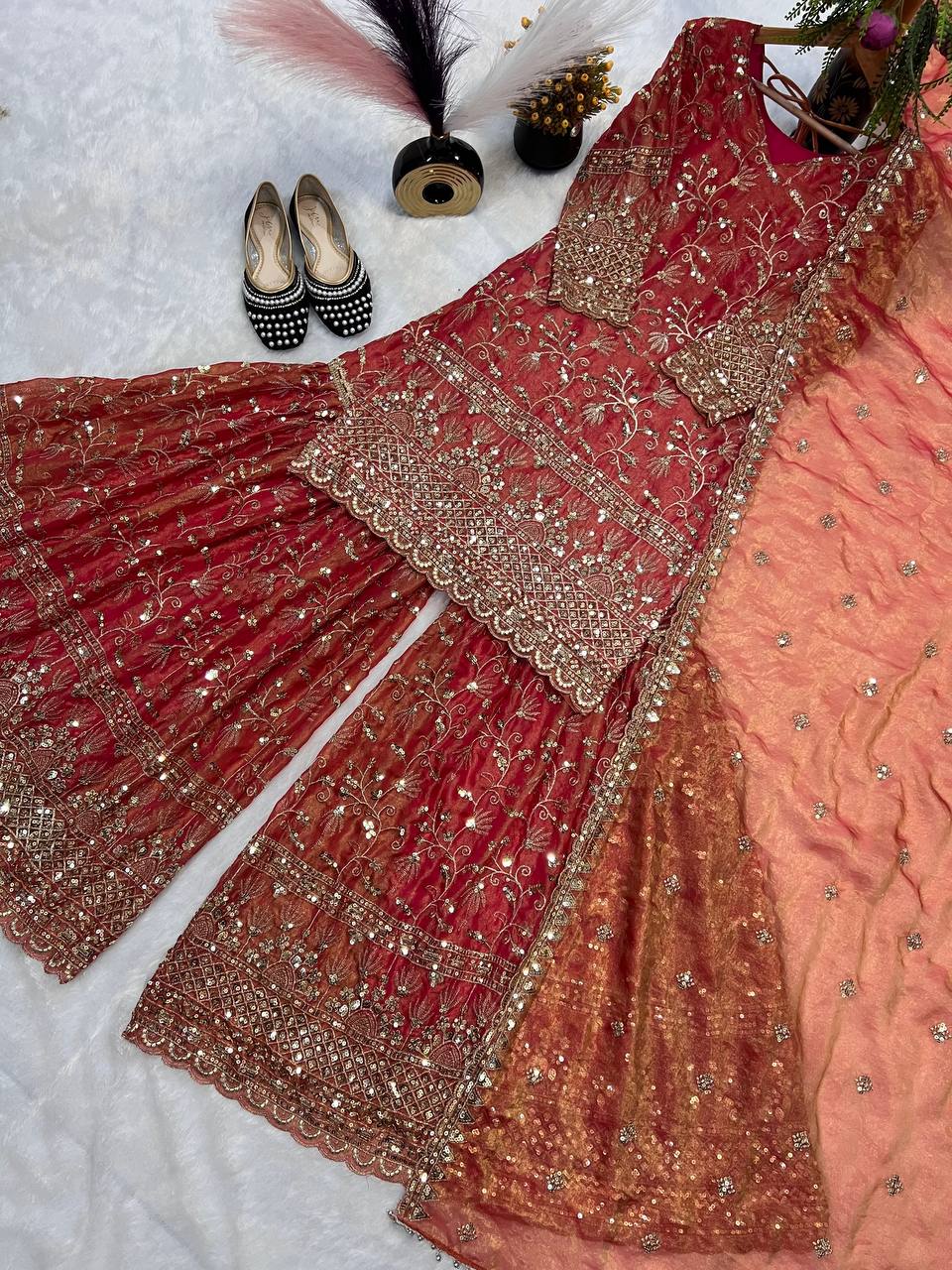 Ultra-Premium Terracotta Rani Couture Sharara Set | Luxury Festive Wear