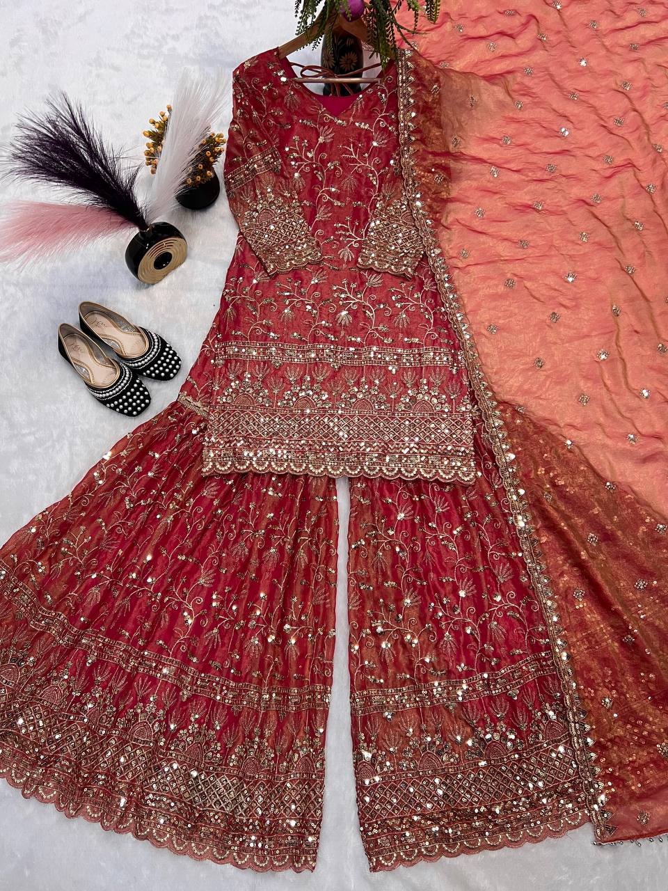 Ultra-Premium Terracotta Rani Couture Sharara Set | Luxury Festive Wear