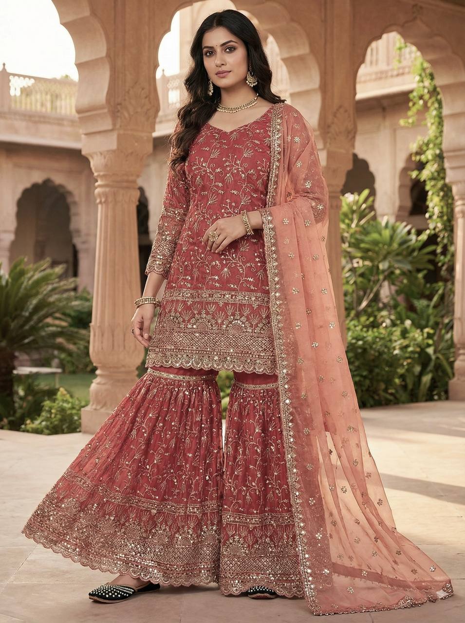 Ultra-Premium Terracotta Rani Couture Sharara Set | Luxury Festive Wear