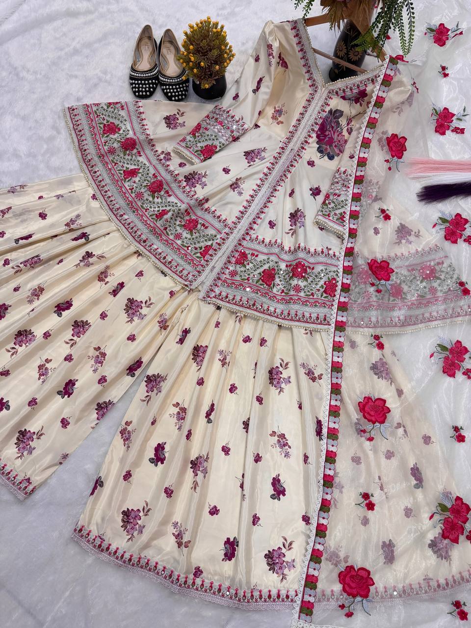 Ultra-Premium Ivory Beige Floral Couture Sharara Set | Luxury Festive Wear