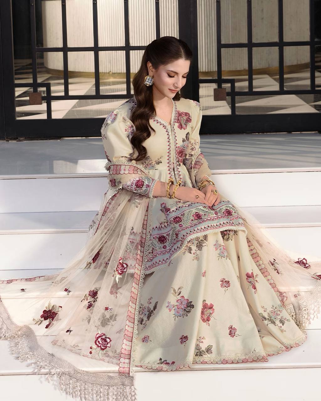 Ultra-Premium Ivory Beige Floral Couture Sharara Set | Luxury Festive Wear