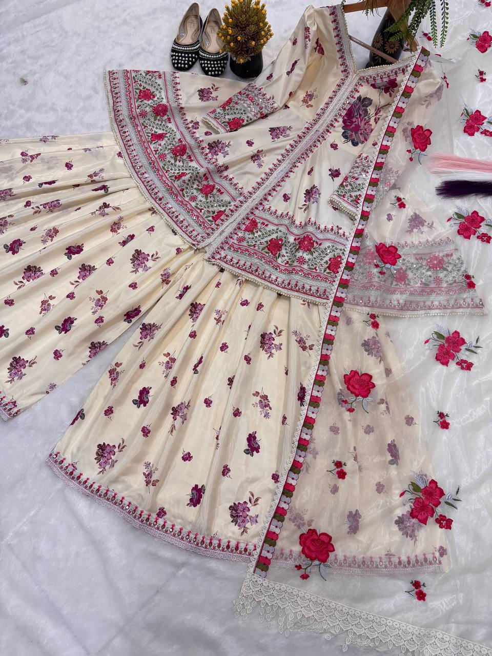 Ultra-Premium Ivory Beige Floral Couture Sharara Set | Luxury Festive Wear