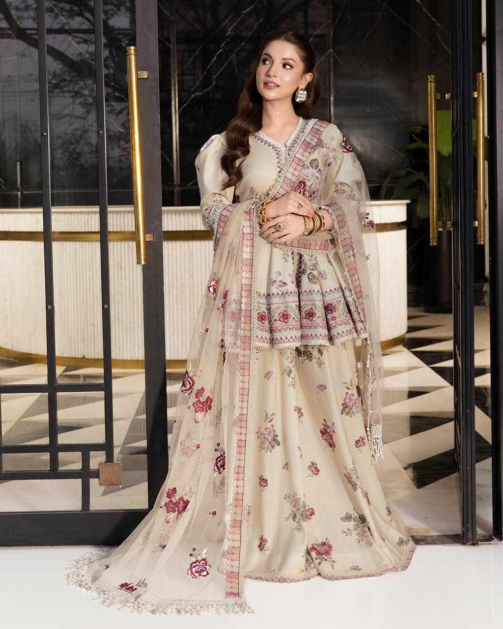 Ultra-Premium Ivory Beige Floral Couture Sharara Set | Luxury Festive Wear