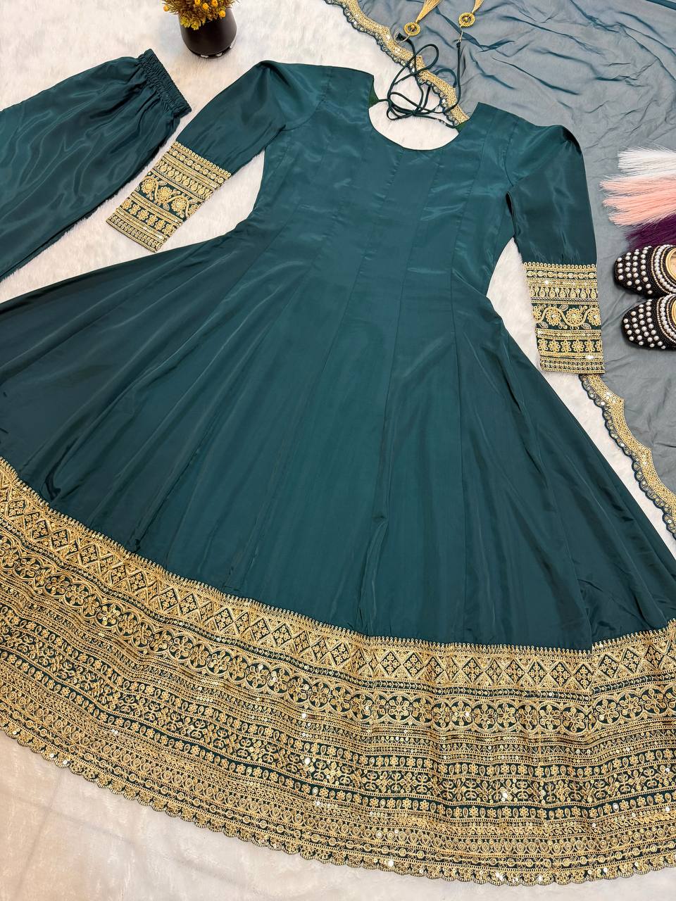 Ultra-Premium Rama Green Couture Anarkali Set | Luxury Festive Wear