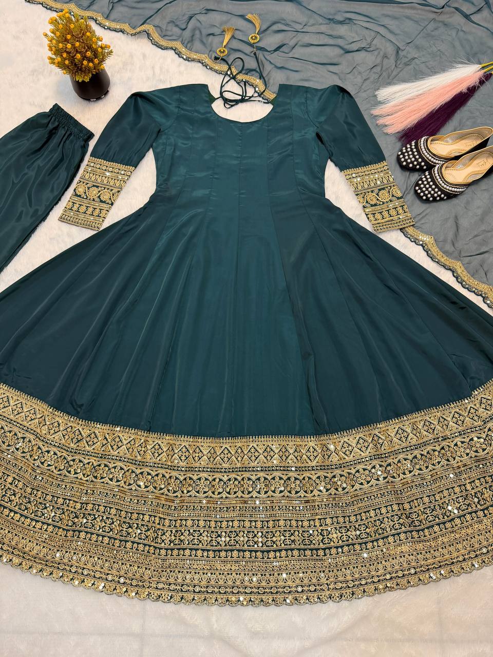 Ultra-Premium Rama Green Couture Anarkali Set | Luxury Festive Wear