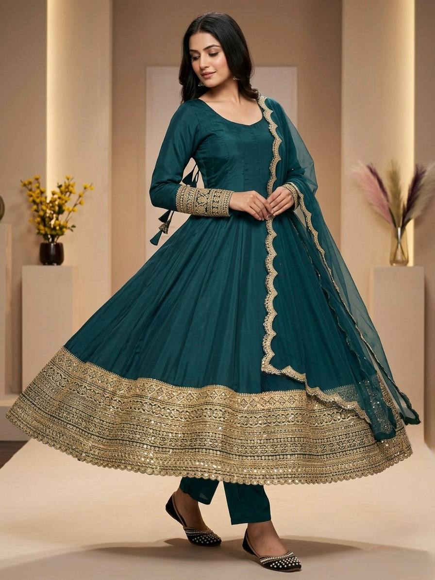 Ultra-Premium Rama Green Couture Anarkali Set | Luxury Festive Wear
