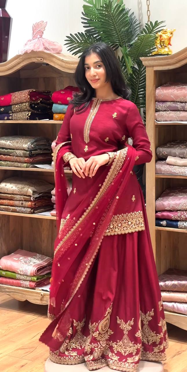 Garnet Opulence Embroidered Sharara