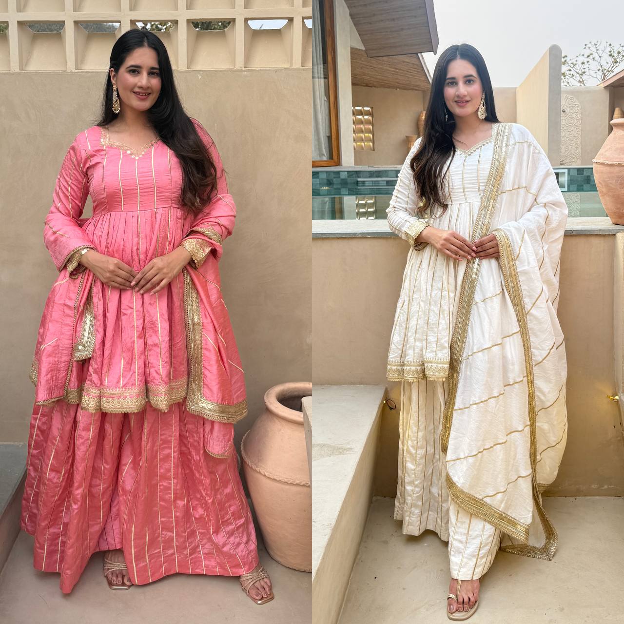 Radiant Rose Pink Flared Peplum Kurti and Sharara Set Embellished with Luminous Gold Zari Stripes and Sequined Borders