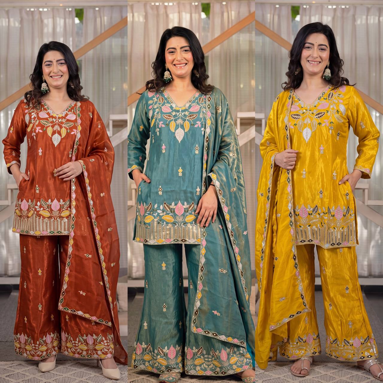 Elegant Rust Orange Silk Kurta and Flared Palazzo Set Adorned with Intricate Multicolored Botanical Embroidery and Mirror Work