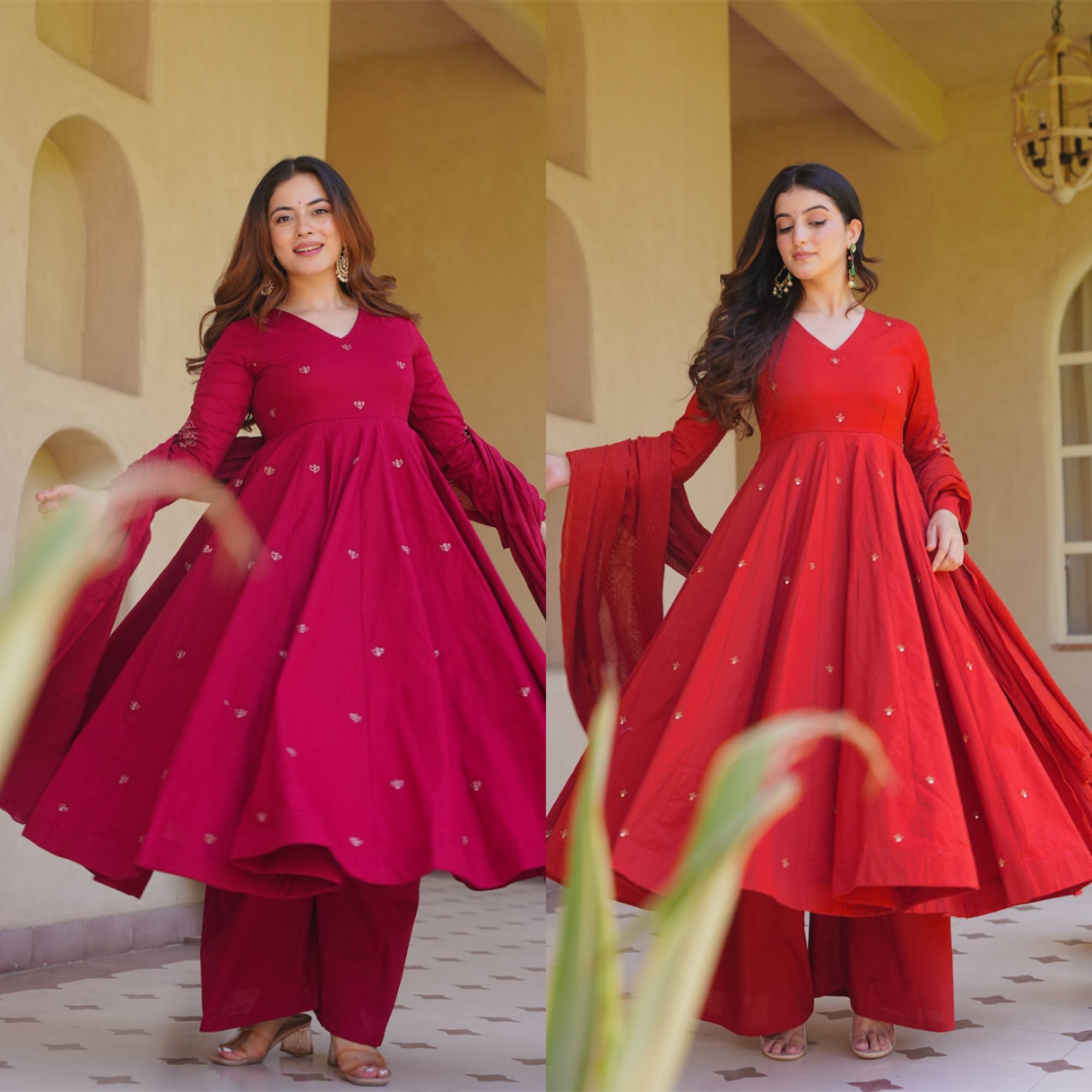 Rich Magenta Maroon Flared Anarkali Suit Set Adorned with Delicate Scattered Floral Embroidery and an Elegant V-Neckline