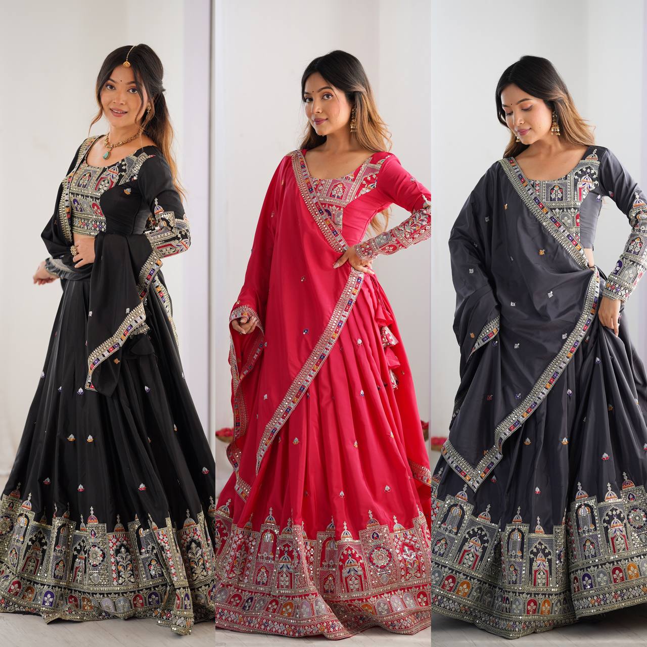 Majestic Midnight Black Designer Lehenga Choli Featuring Intricate Multicolored Architectural Embroidery and Mirror Work